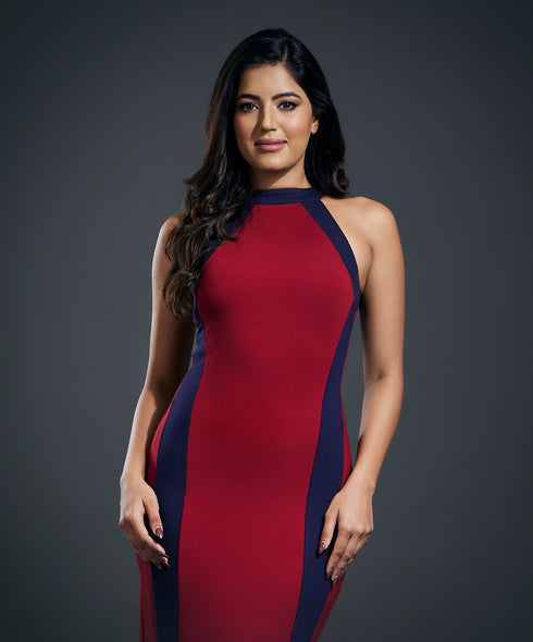 Halter Neck Paneled Ponte Bodycon Dress